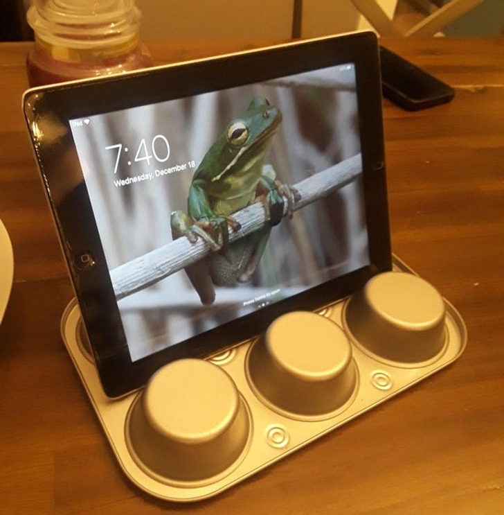 “I couldn’t find a tablet stand so I improvised with a muffin tray.”