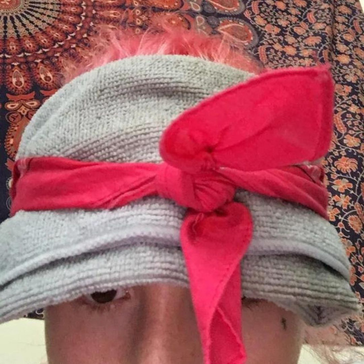 “A cold, wet towel plus a bandana equals a cool headache soother.”