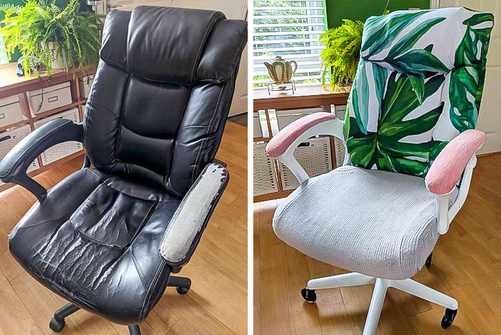 “Before and after refreshing my worn-out office chair using old clothes/textiles that were destined for donation.”