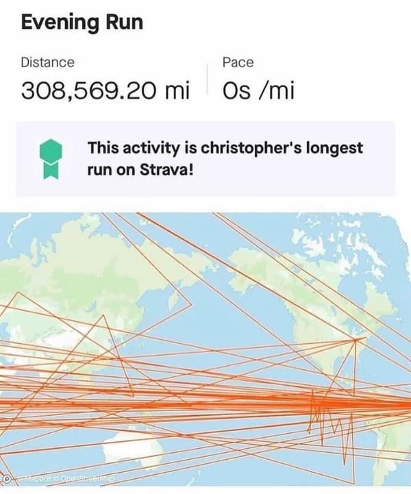 dumb people - christopher's longest run on strava - Evening Run Distance Pace Os mi 308,569.20 mi This activity is christopher's longest run on Strava! Hetricos E Cpaner