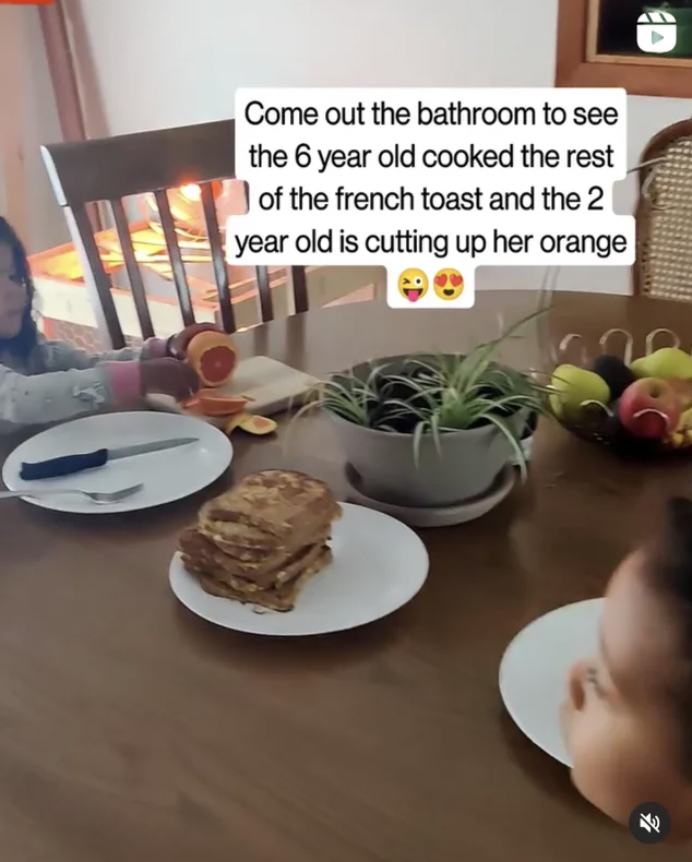People Lying - meal - Come out the bathroom to see the 6 year old cooked the rest of the french toast and the 2 year old is cutting up her orange Na