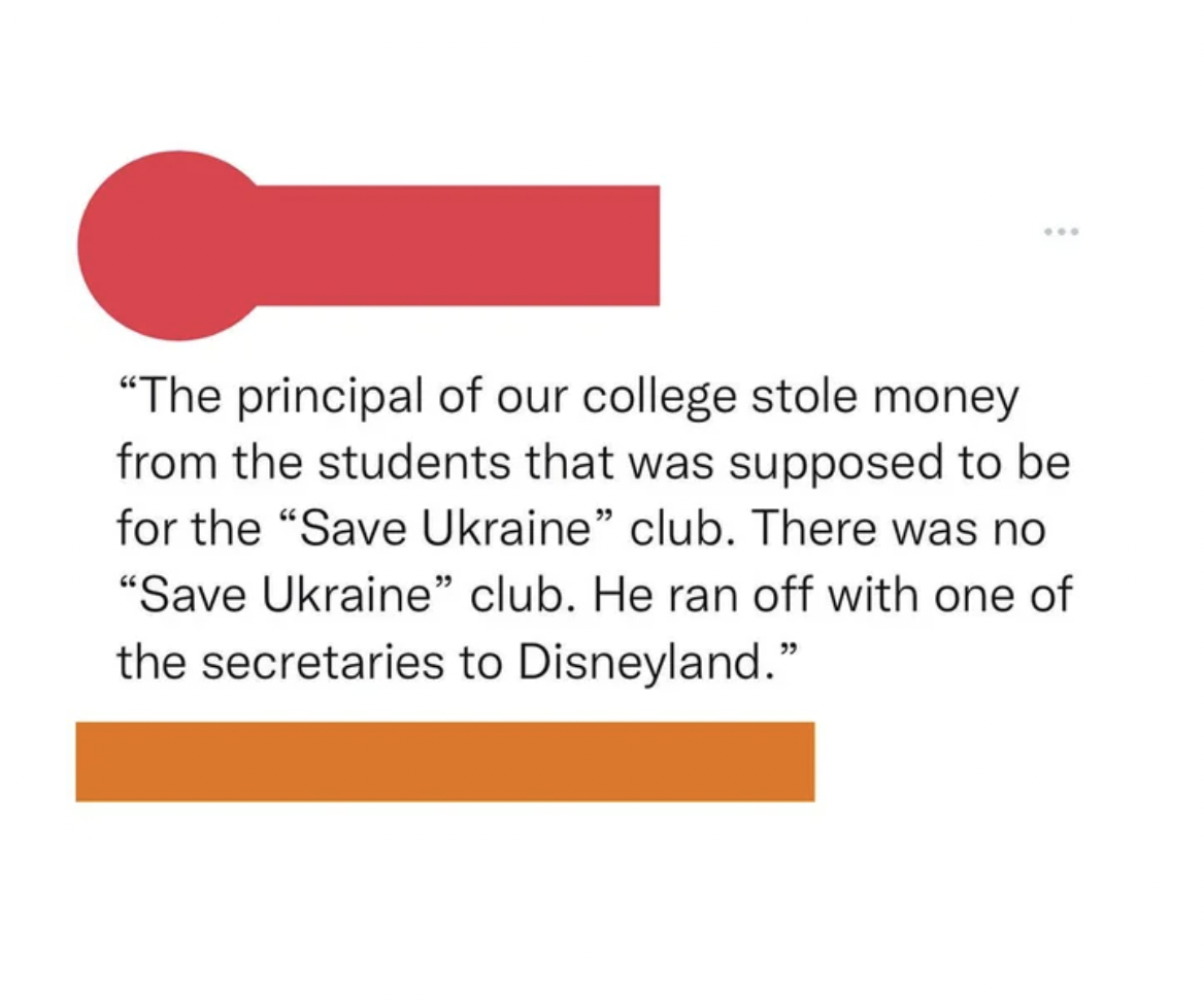 People Lying - angle - The principal of our college stole money from the students that was supposed to be for the