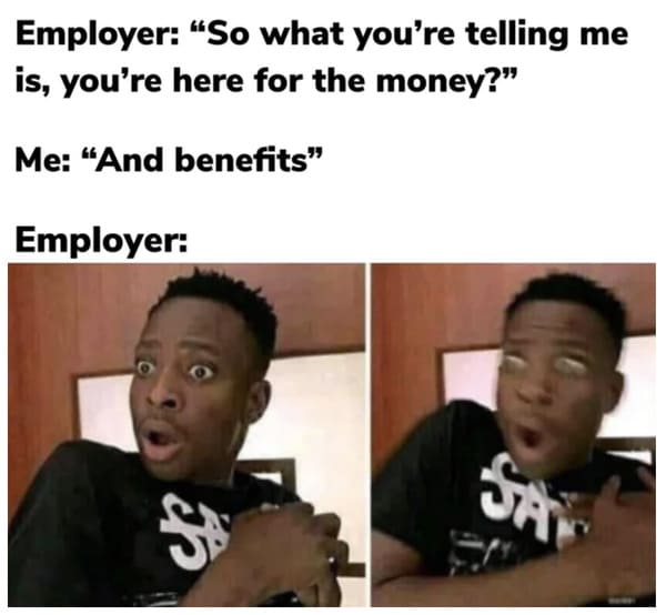 funny memes - dank memes - Meme - Employer "So what you're telling me is, you're here for the money?" Me And benefits" Employer San i