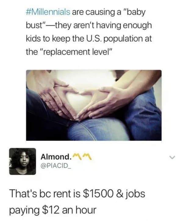 funny memes - dank memes - millennials baby bust - are causing a "baby bust"they aren't having enough kids to keep the U.S. population at the "replacement level" Almond.Mm That's bc rent is $1500 & jobs paying $12 an hour