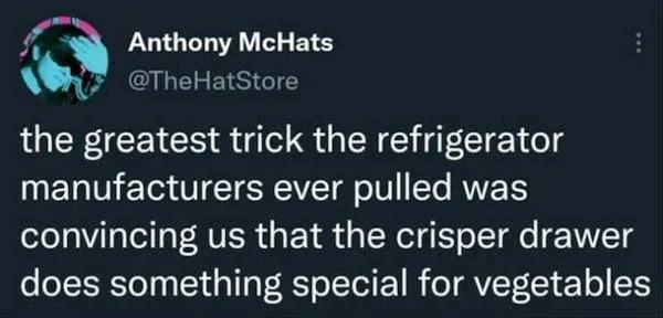 relatable memes - she is moving on with her life - Anthony McHats the greatest trick the refrigerator manufacturers ever pulled was convincing us that the crisper drawer does something special for vegetables