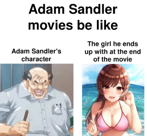 relatable memes - Adam Sandler - Adam Sandler movies be Adam Sandler's character The girl he ends up with at the end of the movie