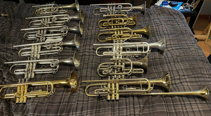 “My entire trumpet collection. Most of the trumpets/cornets pictured are at least 100 years old.”