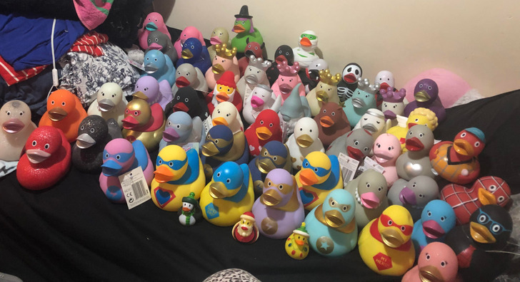 “I collect novelty rubber ducks and I have so far collected 58 giant ones and 3 small baby ones”