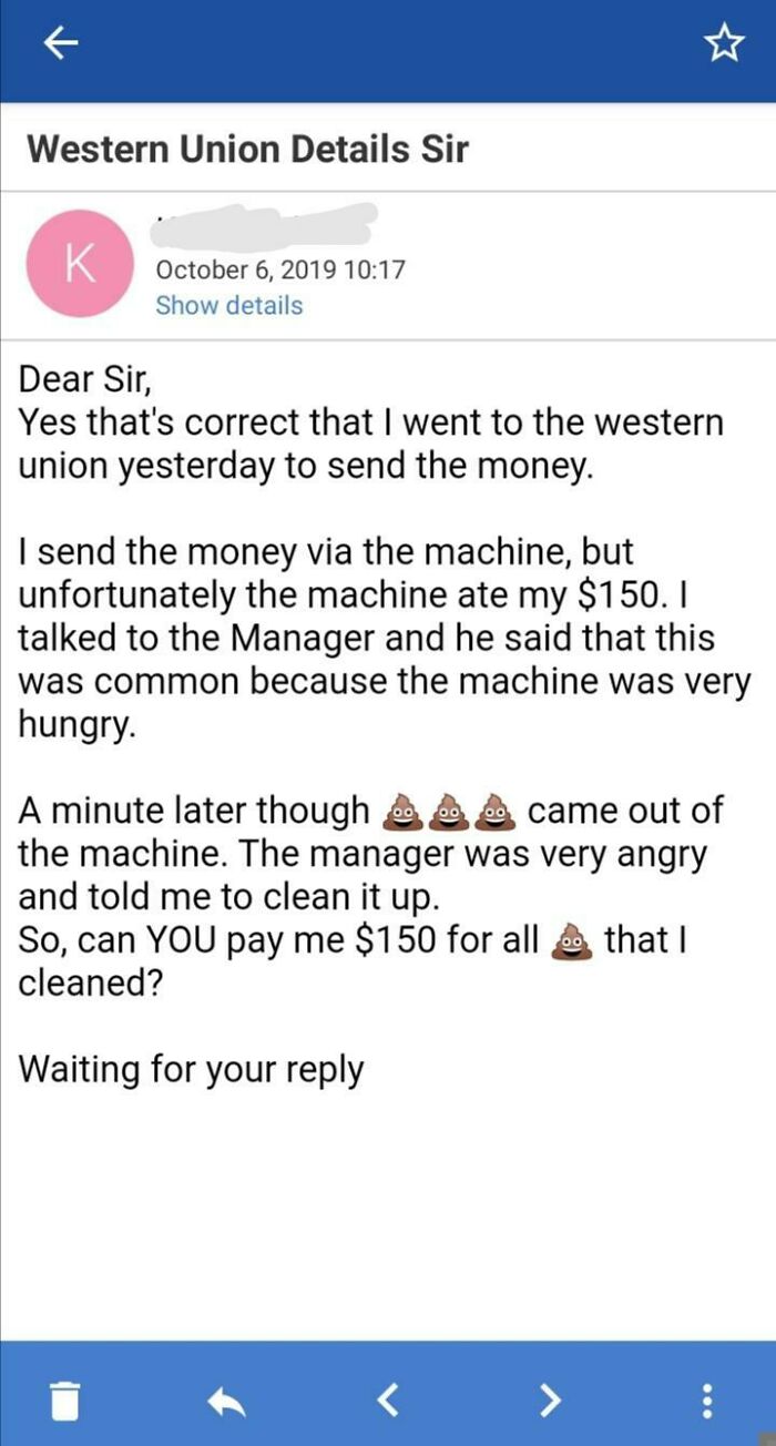 Trolling Scammers - screenshot - Western Union Details Sir