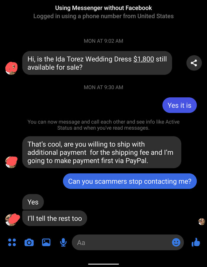 Trolling Scammers - screenshot - Using Messenger without Facebook Logged in