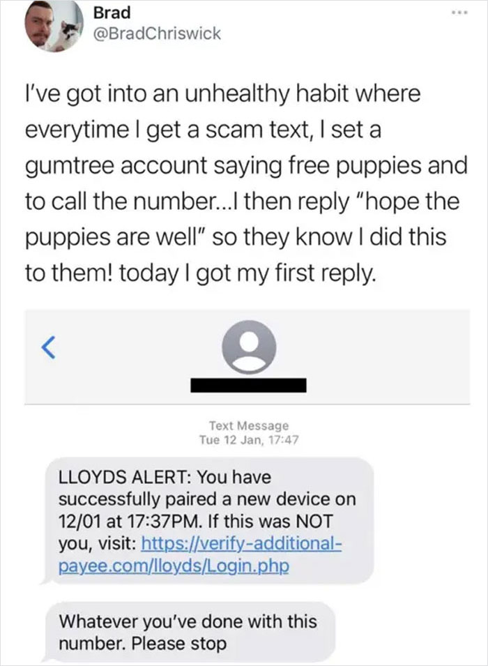 Trolling Scammers - document - Brad I've got into an unhealthy habit where everytime I get a scam text, I set a gumtree account saying free puppies and to call the number