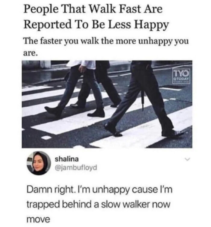 brutal comebacks - rammus meme - People That Walk Fast Are Reported To Be Less Happy The faster you walk the more unhappy you are. Tyo Today shalina Damn right. I'm unhappy cause I'm trapped behind a slow walker now move