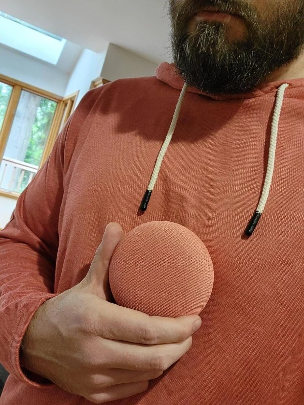 “My sweatshirt matches this smart speaker.”