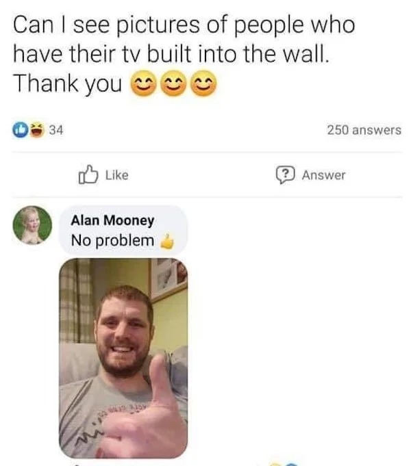technically true meme - Can I see pictures of people who have their tv built into the wall. Thank you 34 Alan Mooney No problem We Now 250 answers ? Answer