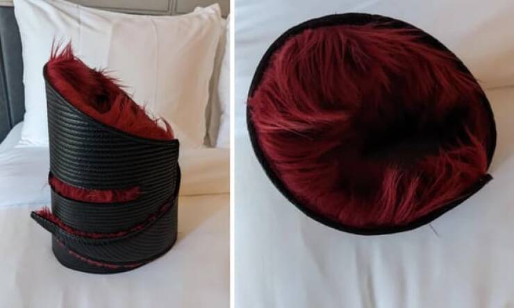 "On the Bed in my Hotel. Doesn’t Open or Anything. W Melbourne, Australia."
<br/><br/>
"Hi OP, this piece is a nod at Ned Kelly’s helmet where the slit in the first picture is where the eyes would be. It’s been reimagined as a “playful leather and faux fur fascinator”"
