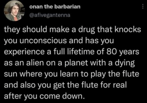 Oddly Specific - create - onan the barbarian they should make a drug that knocks you unconscious and has you experience a full lifetime of 80 years as an alien on a planet with a dying sun where you learn to play the flute and also you get the flute for r