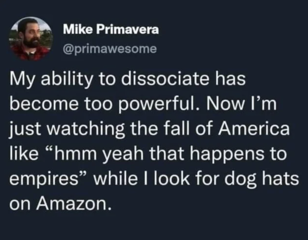 Oddly Specific - My ability to dissociate has become too powerful. Now I'm just watching the fall of America