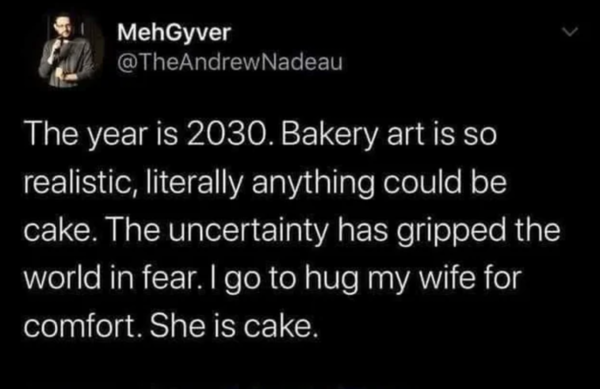 Oddly Specific - The year is 2030. Bakery art is so realistic, literally anything could be cake. The uncertainty has gripped the world in fear. I go to hug my wife for comfort. She is cake.