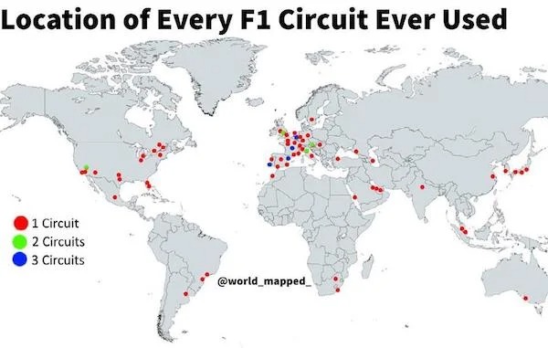 charts - infographics - present day france - Location of Every F1 Circuit Ever Used 1 Circuit 2 Circuits 3 Circuits