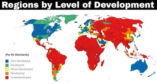 charts - infographics - world map - Regions by Level of Development For Eu Standards Very Developed Developed Almost Developed Developing Underdeveloped