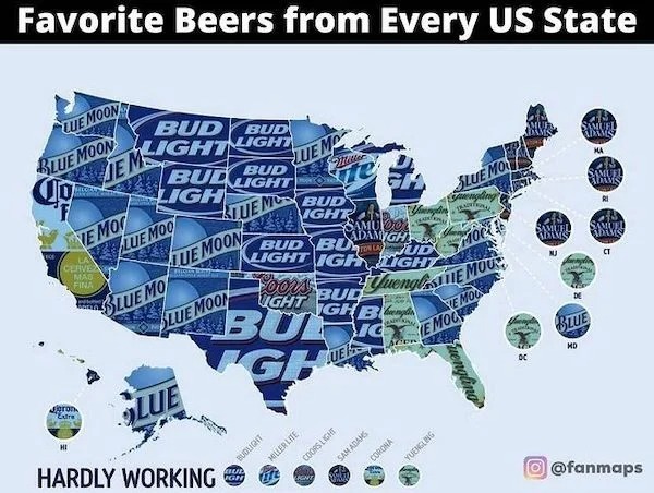 charts - infographics - every states favorite beer - Favorite Beers from Every Us State Lue Moon Bud Bud Light Light Samuel Lue Mo Bud Bud Light Ligh Wave Ha Bud Blue Mo Slue Mo Ight engling Traininal Samuido Bud Bu Ton La Adamigh Light Igh Light Co Jud M