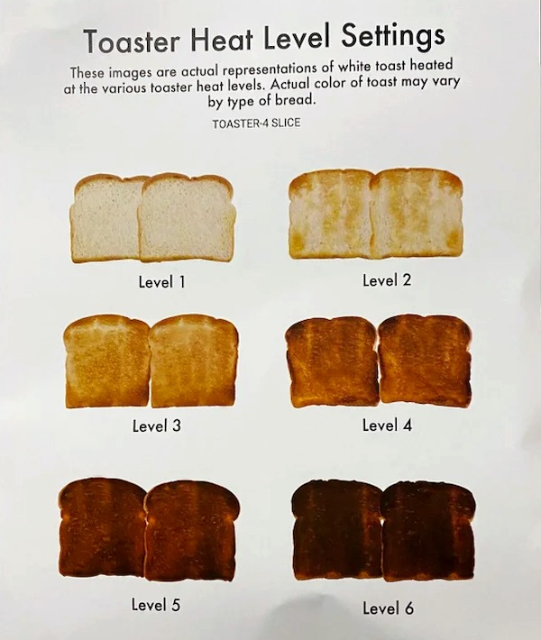charts - infographics - toaster levels - Toaster Heat Level Settings These images are actual representations of white toast heated at the various toaster heat levels. Actual color of toast may vary by type of bread. Toaster4 Slice Level 1 Level 2 Level 4 