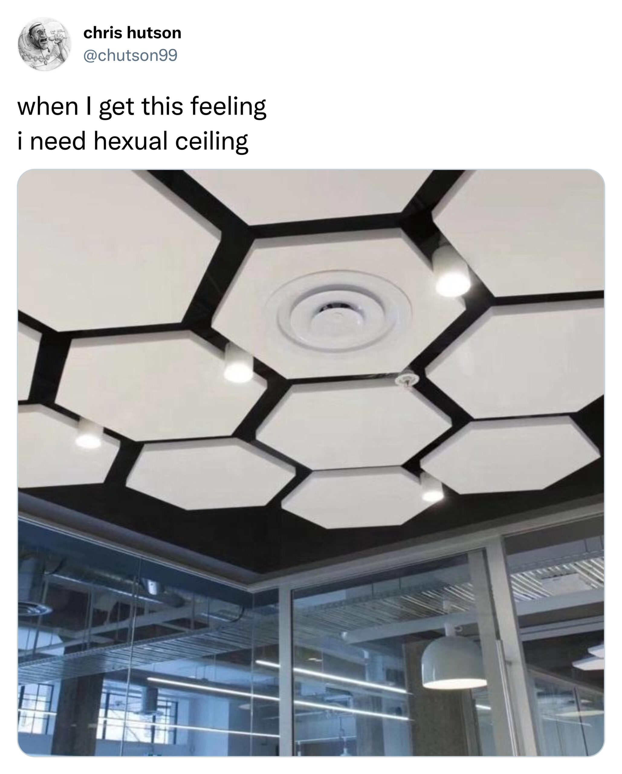 funny tweets and memes -  hexagon acoustic ceiling tiles - 122 chris hutson when I get this feeling i need hexual ceiling