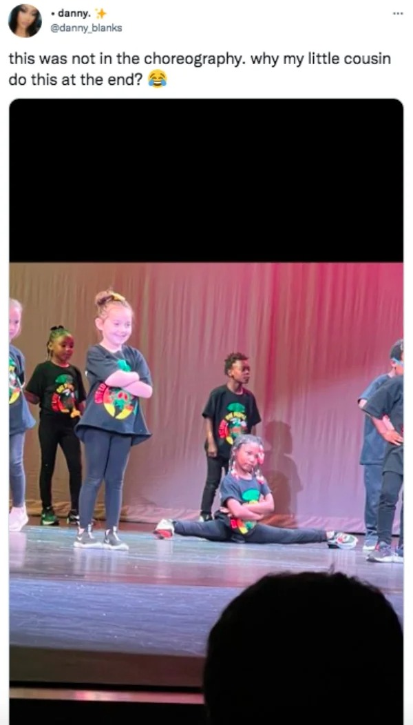 funny tweets and memes -  performance - .danny. this was not in the choreography. why my little cousin do this at the end?