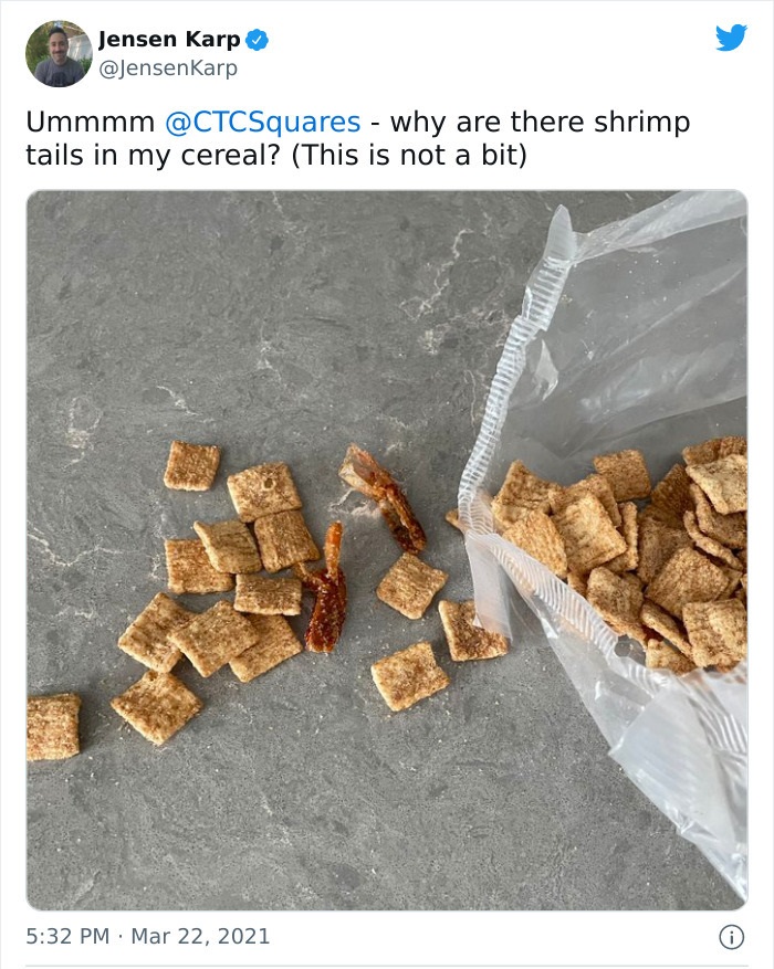 brand fails and disasters - cinnamon toast crunch shrimp - Jensen Karp Ummmm tails in my cereal? This is not a bit why are there shrimp