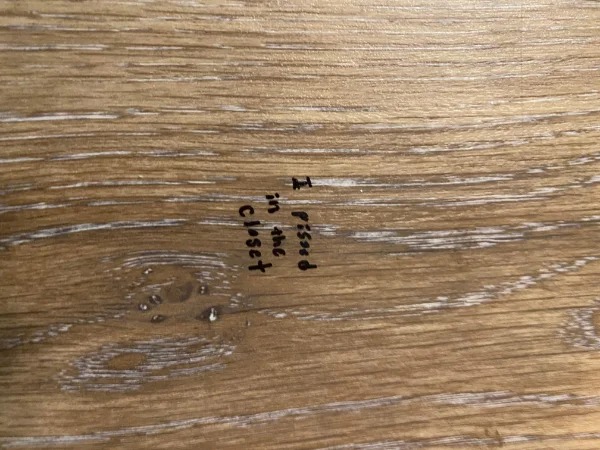 “I was cleaning out my rental house and I smelled some strange smell in the closet. I had to get down on my knees to read this on the floor. It was written in sharpie.”