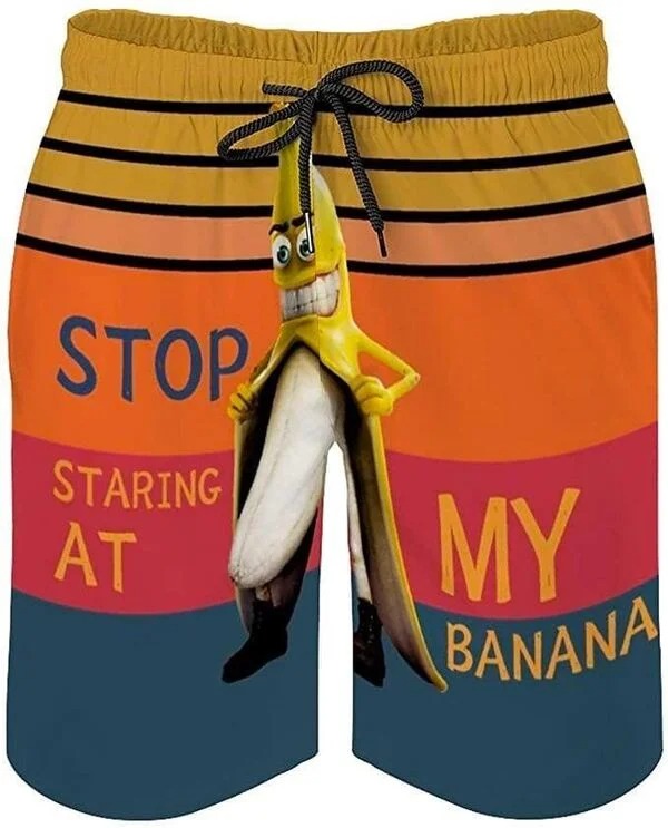 nope pics - funny mens swim trunks - Stop Staring At My Banana