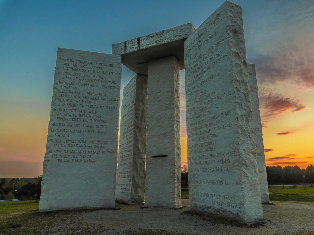 fascinating photos - This monument in Georgia named the Georgia Guidestones has instructions in 8 different languages on how to rebuild society after an apocalyptic event. It also functions as a calendar, clock and compass.