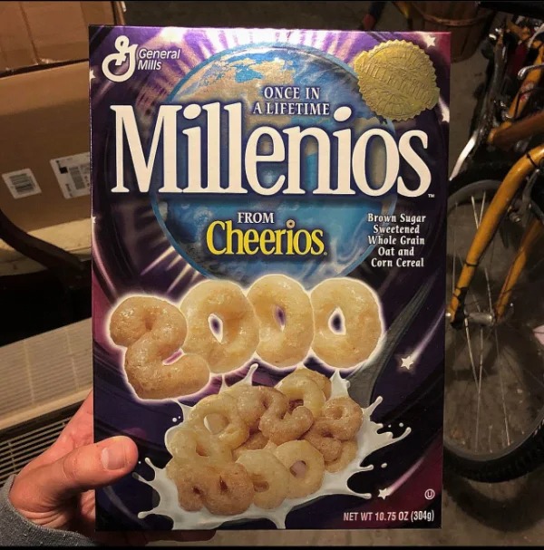 “Unopened 23 year old box of “Millenios” Cheerios from y2k.”