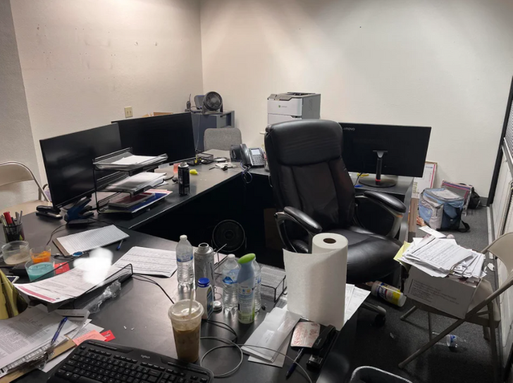 “My husband was promoted to his former boss’ position, and the guy left his office like this for my husband to move into.”