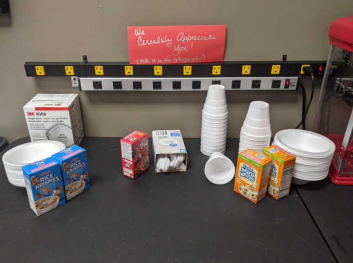 “A competing company is offering us 20% more to work for them. Management’s response:” The note says: “We cerealsly appreciate you! (milk is in the refrigerator)”