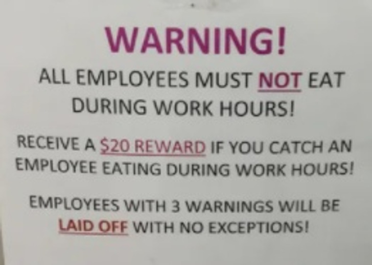 Horrible Bosses - boss bans employees from eating during work hours