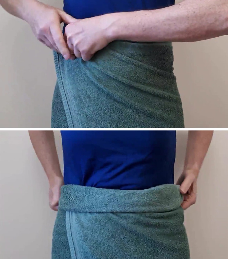 You can secure a towel by folding the top of it down twice, creating a belt.