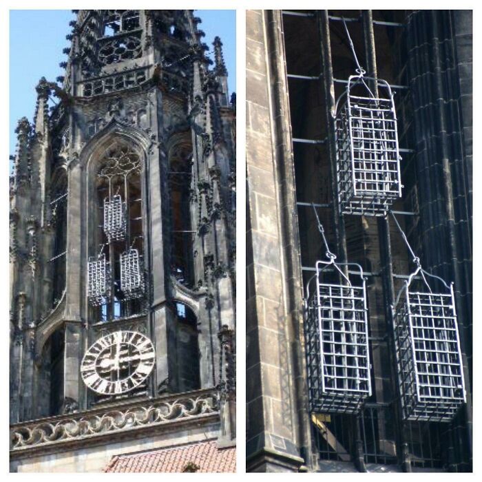 St. Lambert’s church in münster. Three iron cages, 7 feet tall and a yard wide and deep, hang empty from the church spire. Once home to the mutilated bodies of three revolutionaries.