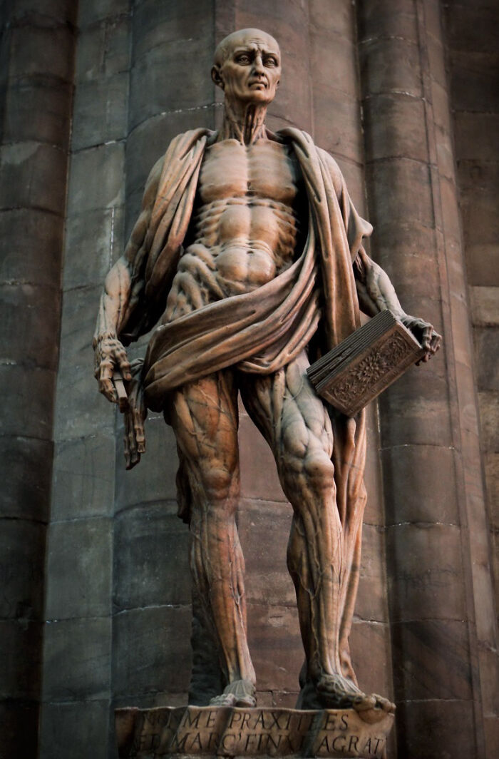 The statue of flayed St. Bartholomew wearing his skin as a robe. 