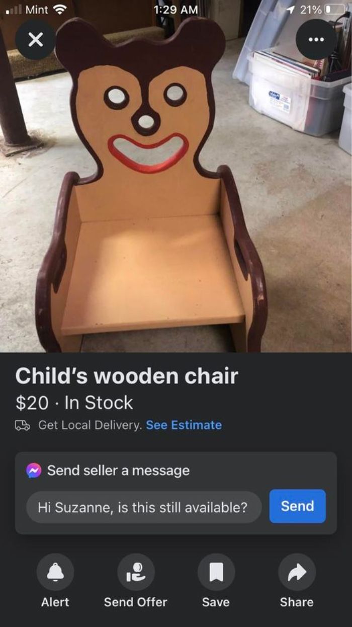 Weird Things Being Sold Online - cartoon - Child's wooden chair $20.