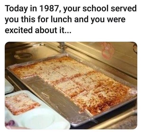 funny memes - dank memes - school lunch pizza meme - Today in 1987, your school served you this for lunch and you were excited about it...
