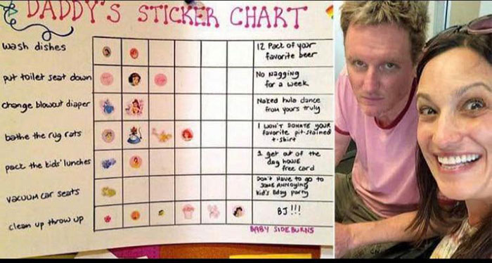 cringeworthy pics - wife and husband chores - Daddy'S Sticker Chart wash dishes 12 Pact of your favorite beer put toilet seat down No Nagging for a week change blowout diaper Naked hula dance from yours truly bathe the rug rats O I Lon'T Donate Your favor