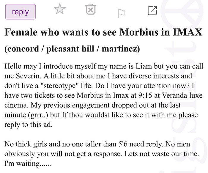 cringeworthy pics - female who wants to see morbius - Y Female who wants to see Morbius in Imax concord pleasant hill martinez Hello may I introduce myself my name is Liam but you can call me Severin. A little bit about me I have diverse interests and don