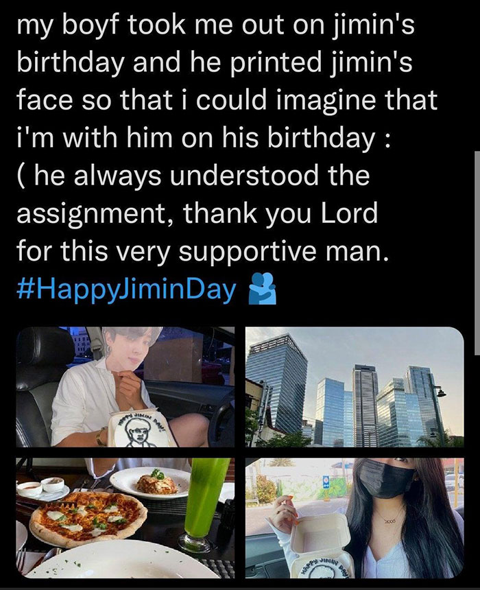 cringeworthy pics - my boyfriend took me out on jimin's birthday - my boyf took me out on jimin's birthday and he printed jimin's face so that i could imagine that i'm with him on his birthday he always understood the assignment, thank you Lord for this v