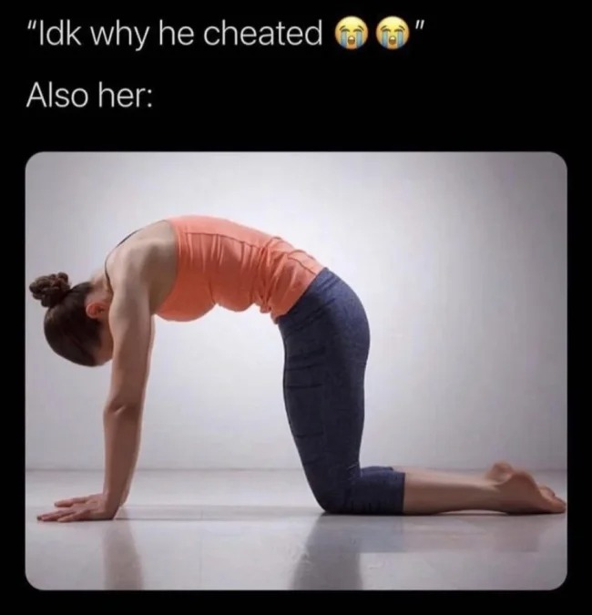 sex memes - marjariasana yoga - "Idk why he cheated Also her