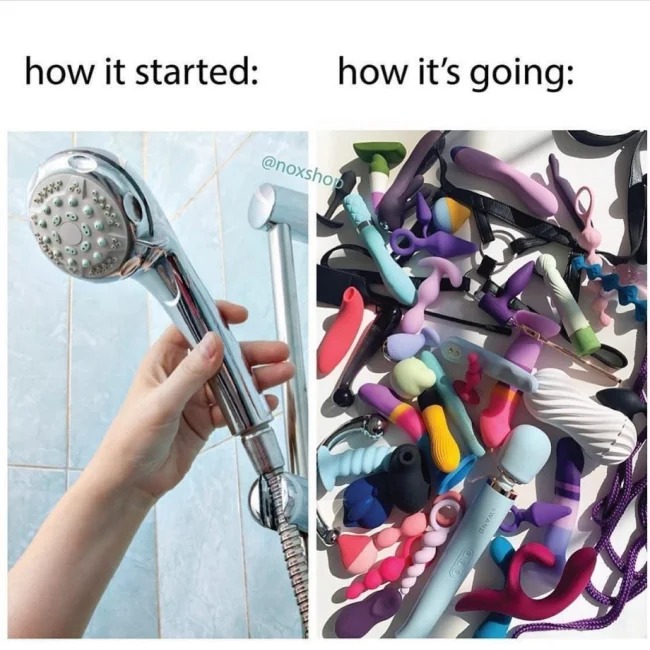 sex memes - hand held shower head - how it started www A Bouw how it's going Prod Wand