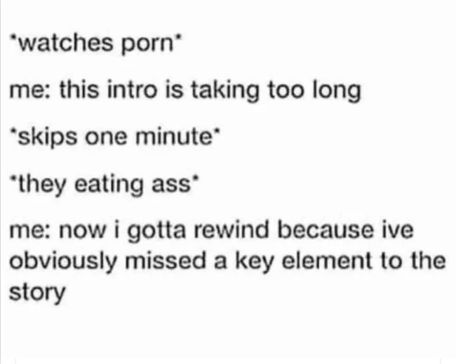 sex memes - watch for the plot men - watches porn" me this intro is taking too long skips one minute "they eating ass me now i gotta rewind because ive obviously missed a key element to the story