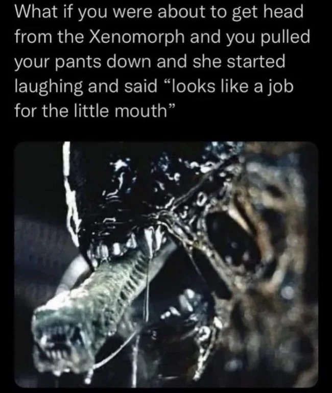 sex memes - alien 1979 - What if you were about to get head from the Xenomorph and you pulled your pants down and she started laughing and said "looks a job for the little mouth" An