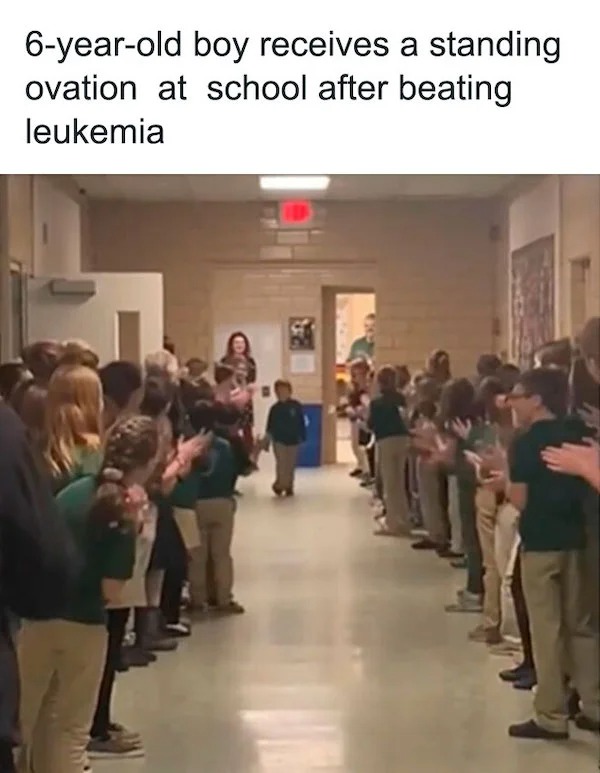 wholesome posts - good news - community - 6yearold boy receives a standing ovation at school after beating leukemia