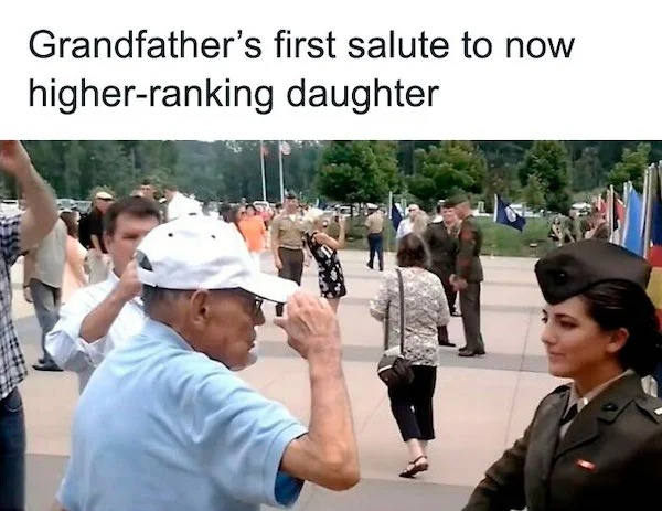 wholesome posts - good news - photo caption - Grandfather's first salute to now higherranking daughter